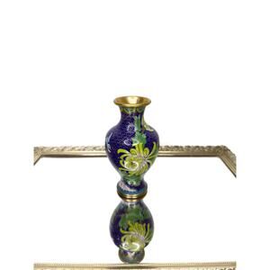 Vintage Cloisonné Vase 6" Floral Oriental Jar~Blue Enamel Pink Florals